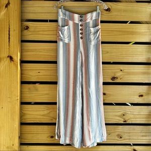 Striped Wide Leg Pants with Button Front